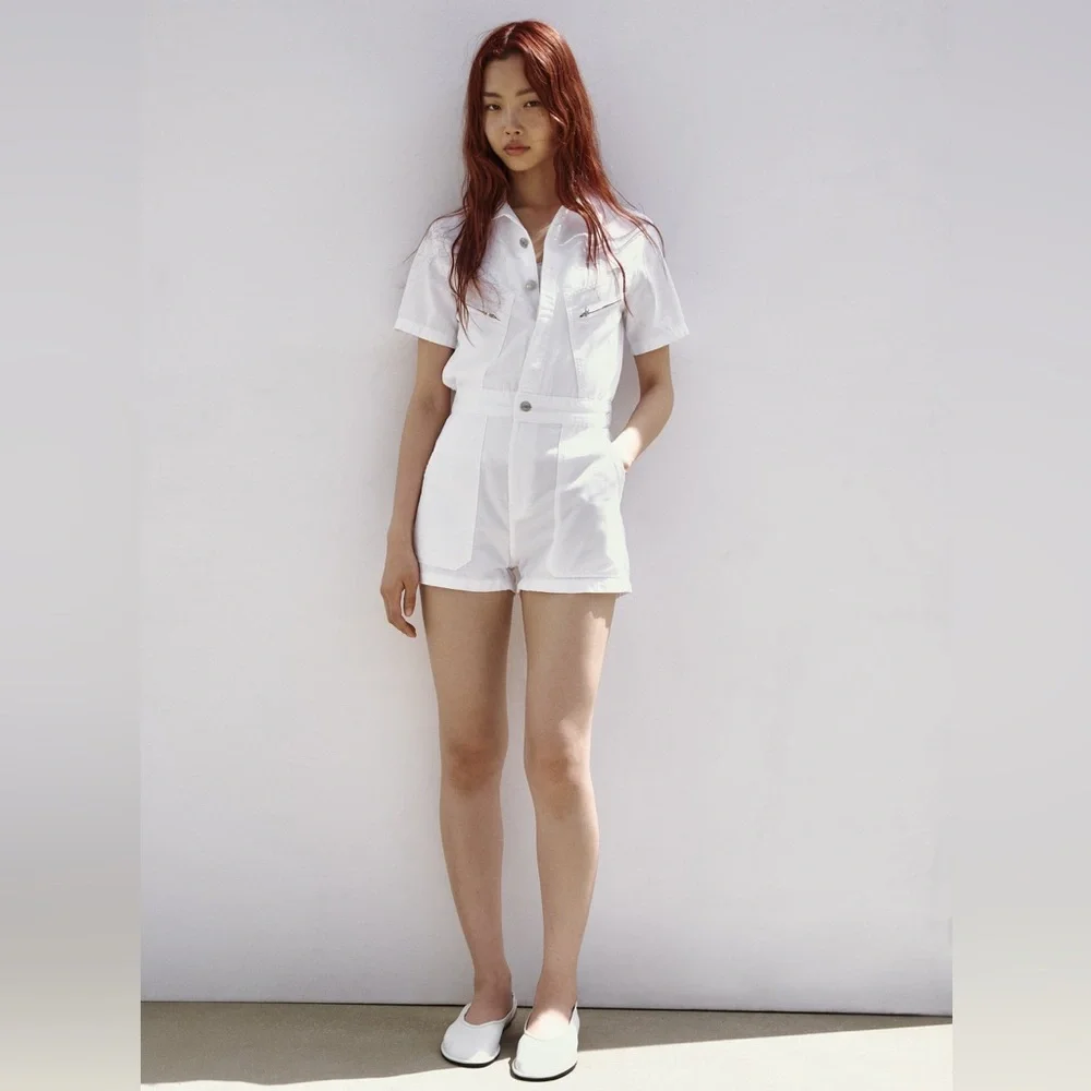 Zara Utility Romper Zip Up Short WHITE Size M NEW - Picture 2 of 5